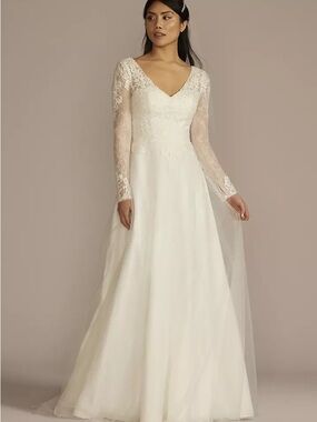 David's Bridal Ivory Lace Long-Sleeve A-Line Wedding Gown